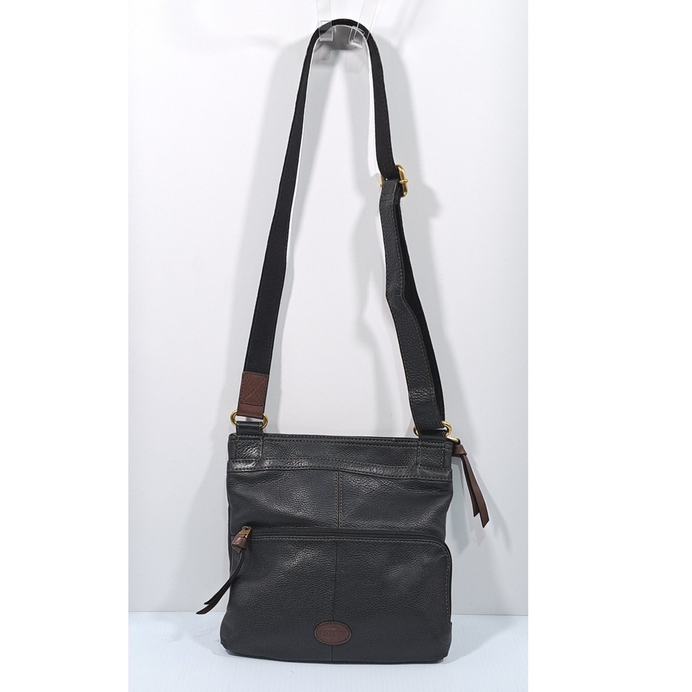 Fossil Black Pebbled Leather Crossbody Messenger Bag Brown Trim Brass Hardware
